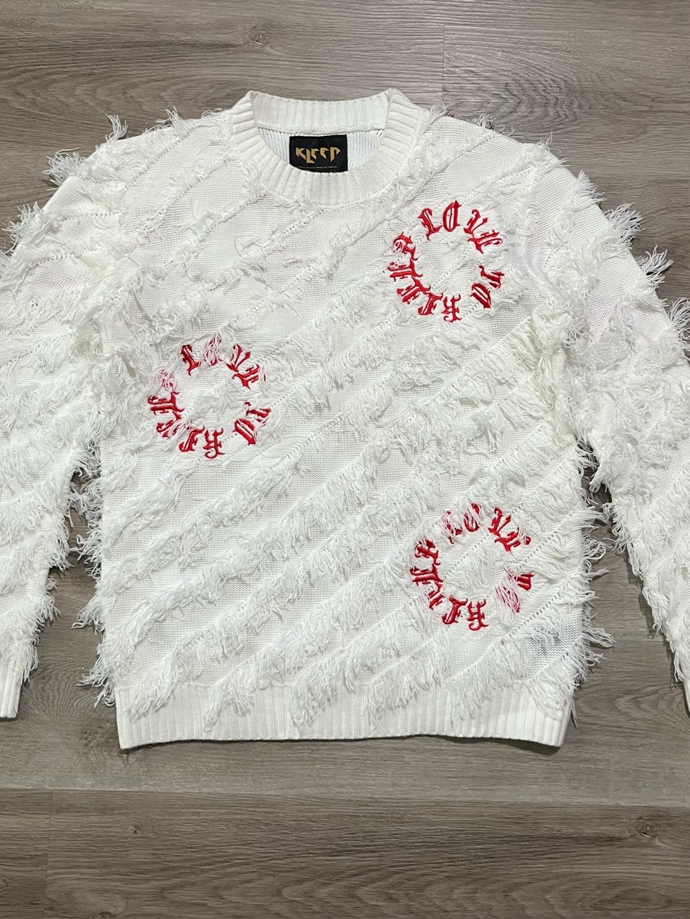 Kleep White Knitted Shaggy Fringed Sweater Embroidered